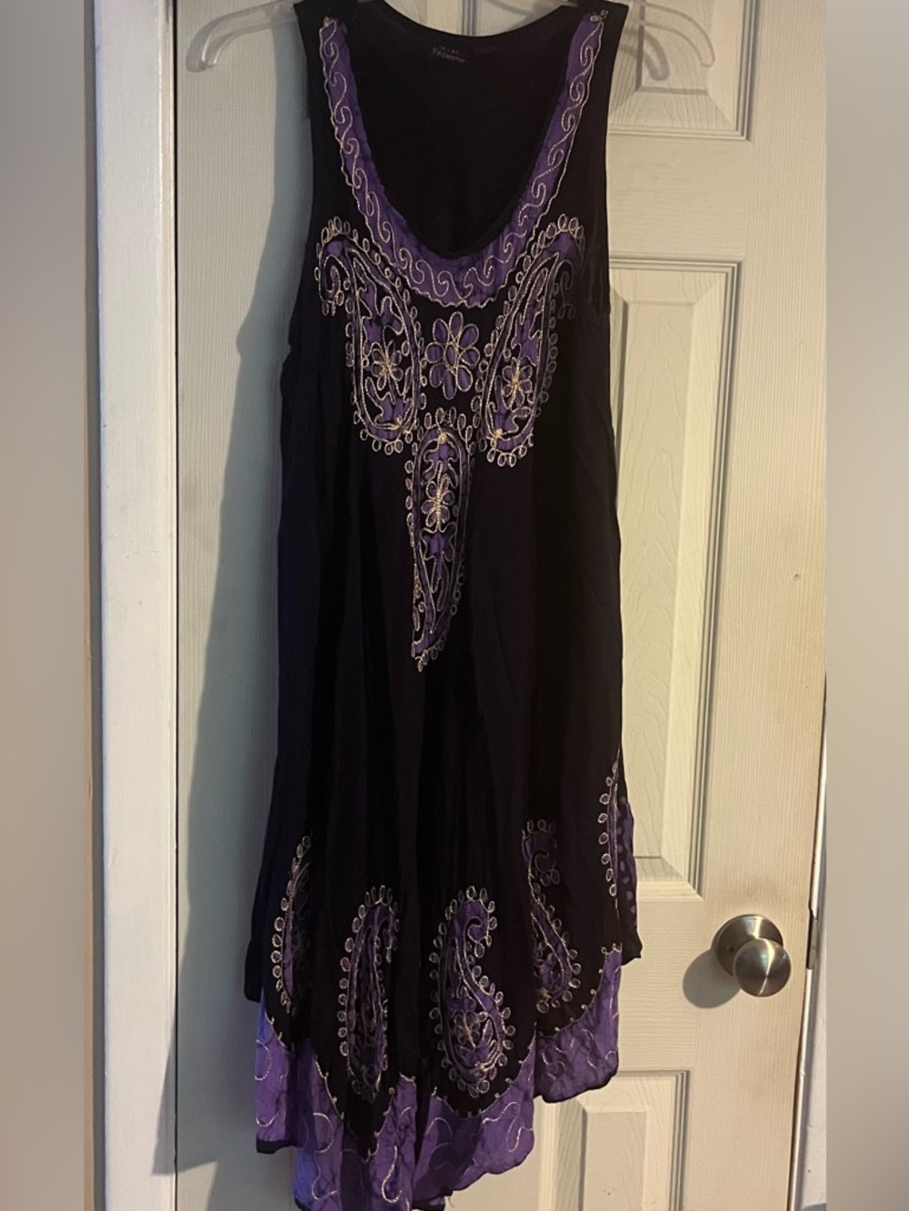 Sleeveless Black High-Low Dress with Purple Paisley Detail